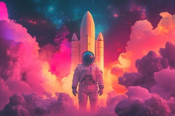 Fototapeta premium Astronaut Waving Goodbye in Surreal Pink Clouds - Sci-Fi Fantasy of Space Exploration, Ethereal Environment with Copy Space. Beautiful simple AI generated image