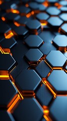 A close-up view of hexagonal patterns with an orange glow on a dark surface, creating a modern and futuristic aesthetic.