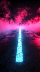 A neon-lit road stretches into the fog, showcasing vibrant colors and an atmospheric feel, perfect for futuristic themes.