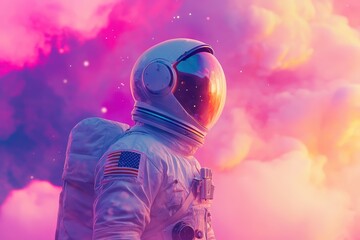 Naklejka premium An astronaut surrounded by neon-colored dollar signs and coins set against blue sky, financial concept banner. Beautiful simple AI generated image