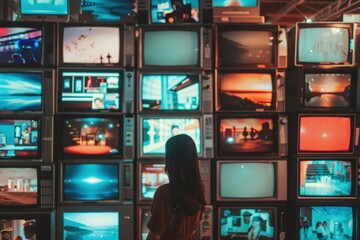 A woman stands in front of a wall of televisions, generative ai image