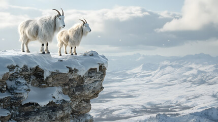 Fototapeta premium Mountain Goats on a Snowy Cliff