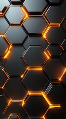 Abstract hexagonal pattern with glowing orange edges on a sleek black background, ideal for tech and modern design themes.