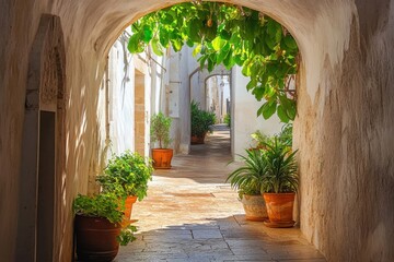 Charming narrow alley showcasing ancient buildings in ostuni, puglia, italy, emphasizing timeless architecture and vibrant green pathways bathed in radiant sunshine