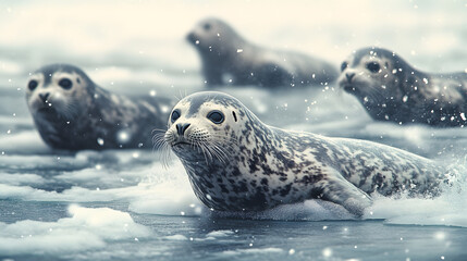 Seals Playing by a Frozen Lake