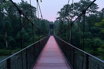 Obraz premium Tranquil suspension bridge at dusk in lush forest landscape