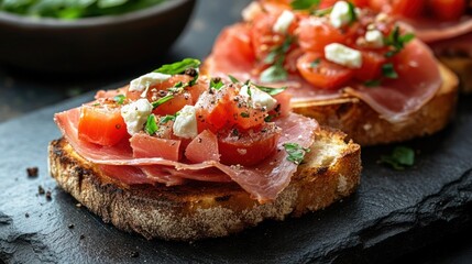 Close-up of thin slices of Italian cold cut pork Coppa on slices of grain bread, Parma ham and tomato bruschetta served on wooden board with mozzarella.