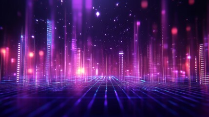 Futuristic digital cityscape with glowing neon lights, representing virtual reality and advanced technological innovation.