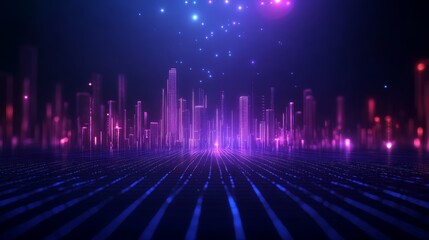 A futuristic neon cityscape with a glowing digital skyline. Vibrant lights and abstract design create a sci-fi and virtual reality atmosphere.