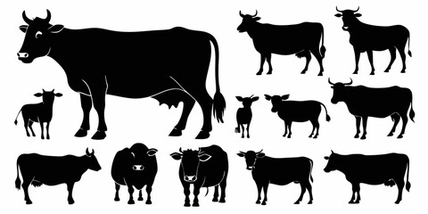 cow vector silhouette,  black cow in different styles silhouette