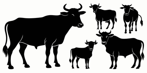 cow vector silhouette,  black cow in different styles silhouette