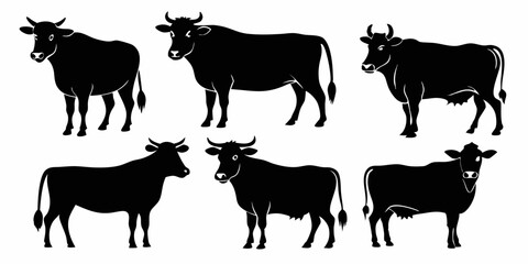 cow vector silhouette,  black cow in different styles silhouette