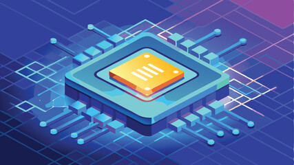 Print Brightly Glowing AI Chip on Light Circuit Board on Technology Blue Background Vector Illustration