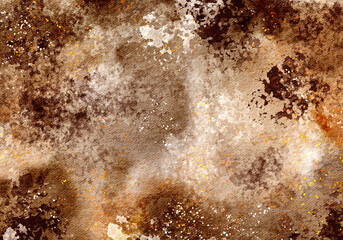 Brown Watercolor Texture in Grunge Style. Earthy background of coffee and chocolate colors with stains and rough brushstrokes. Hand painted aged background in dark tones for brochures and posters.