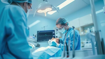 Dentist performing surgery in a modern clinic