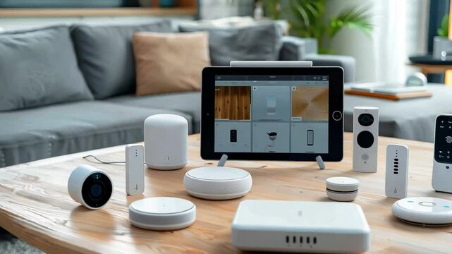 A collection of smart home devices is displayed on a wooden table, including cameras, sensors, and a tablet, all set against a stylish, contemporary living room backdrop.