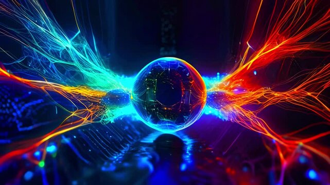 The energy ball emits a colorful energy power network in a very beautiful dark space. Explosion with alpha channel fractal wave visualization. Cosmic energy desktop wallpaper. 4K