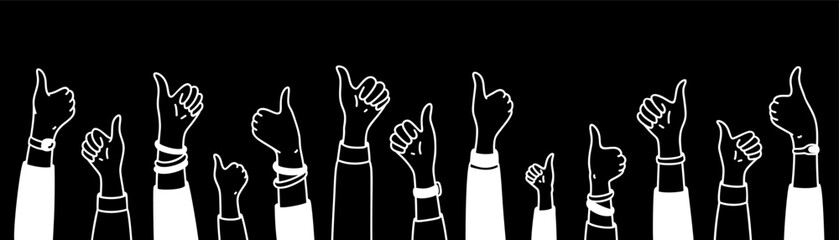 Doodle raising hands with thumb up background. Blackboard crayon scribble. White chalk drawing. Crowd of happy people, satisfied customers, clients, business audience