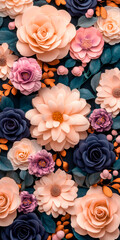 Fototapeta premium Exquisite floral illustration with a mix of blossoms in vibrant hues set against a dark backdrop, perfect for art prints and decorative themes.