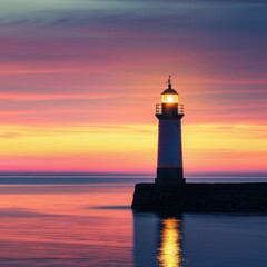 Lighthouse glowing at sunset over calm waters