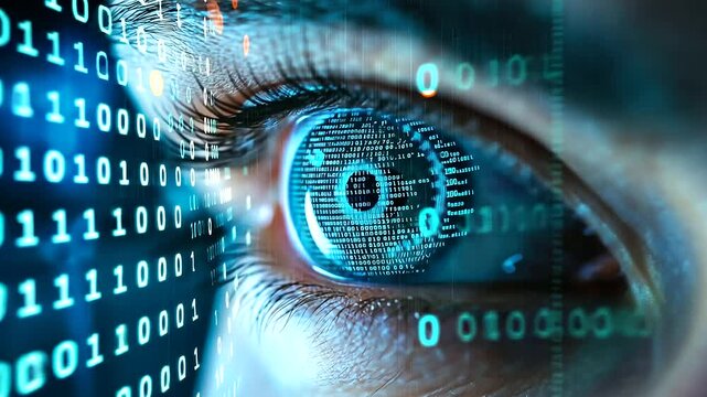 A digital blue eye surrounded by streams of binary code on a blue bokeh background, representing AI surveillance and security