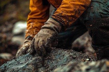 Geologist examining rock formation wearing dirty protective gloves