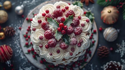 Fototapeta premium Christmas Cake Decorated with Raspberries and Holly
