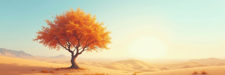 A stunning solitary tree with vibrant autumn leaves stands against a serene desert landscape at sunrise, symbolizing resilience and beauty in nature.