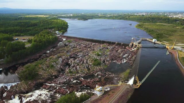 An overhead view of the dam, reservoir and penstock channel of the hydroelectric station in Grand Falls-Windsor