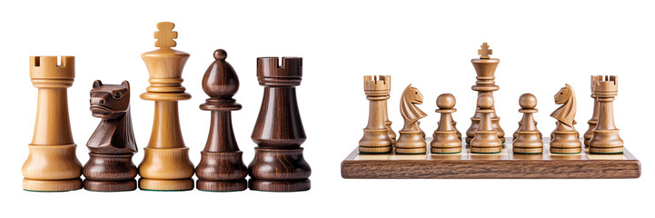 Set of a Chess pieces on a chessboard, isolated on a transparent background.