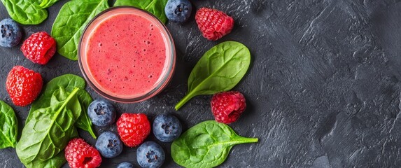 Colorful smoothie made with fresh berries and spinach, perfect for a healthy lifestyle. Vibrant and nutritious ingredients await.