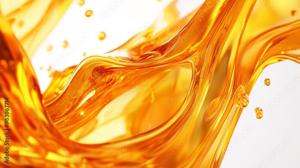 Poster golden liquid swirls with droplets, creating a dynamic and vibrant display of motion and texture