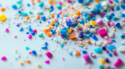 Tiny colorful microplastics scattered on a white background, close-up view