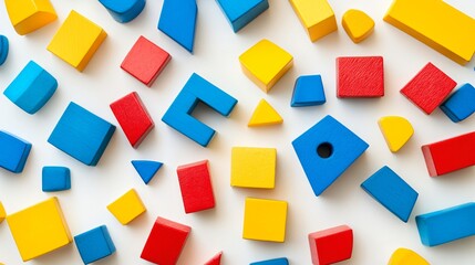 Obraz premium Colorful building blocks in various shapes, scattered on a white background