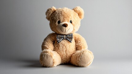 Obraz premium Soft plush teddy bear with a bowtie, isolated on a neutral gray background