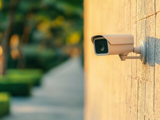 Security camera mounted on a wall outside, monitoring a pathway in a park with a blurred background.