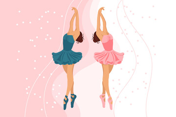 Two dancing ballerinas in dresses and pointe shoes on an abstract background. Illustration, vector