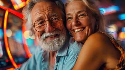 A gray-haired elderly man and his beloved woman play slot machines in a casino.