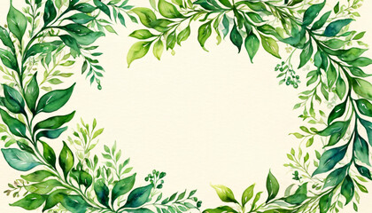 Invitation or Card Design, Watercolor Leaves with Autumn and Green Foliage Border on a Light Background, Nature, Botanical, Decorative, Elegant, Ideal for Wedding, Event, or Seasonal Stationery