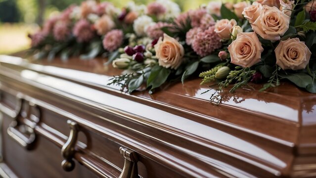 Side View of Brown Coffin Decorated with Roses and Flowers, Outdoors, Funeral and Memorial Service Arrangement