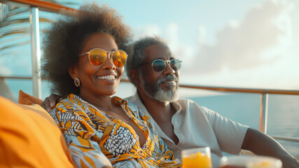 Middle-aged afro american couple drinking cocktails on the deck of a cruise ship. Cruise travel for couples, concept.