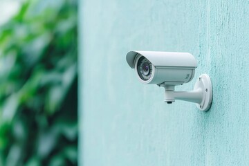 Close-up of a security camera on a light blue wall, ensuring safety and surveillance for home or business use.