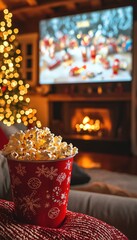 Festive Christmas Movie Marathon Invitation with Cozy Living Room and Holiday Decorations for Print Use