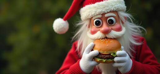 Obraz premium A cheerful Santa Claus enjoying a delicious burger, blending festive spirit with fast food fun. Perfect for holiday promotions or food related marketing.