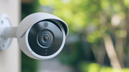 Outdoor security camera mounted on a wall, monitoring the garden area in bright daylight, ensuring safety and surveillance.