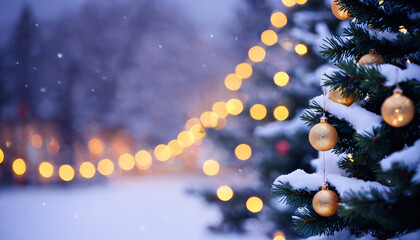 Holiday Marketing, Snow-covered Christmas tree with golden ornaments and blurred festive lights in the background, winter, festive season, snow, decorations, celebration, holiday spirit, bokeh.