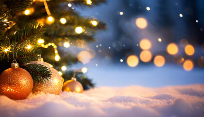 Seasonal Advertising, Close-up of snow-covered Christmas tree with golden ornaments and blurred festive lights in the background, winter, holidays, decorations, bokeh, Christmas spirit, celebration.