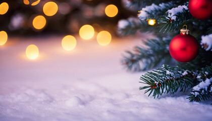 Holiday Marketing, Snow-covered Christmas tree with golden ornaments and blurred festive lights in the background, winter, festive season, snow, decorations, celebration, holiday spirit, bokeh.