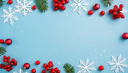 Christmas Card Design, Festive Blue Background with Snowflakes, Red Berries, and Pine Branches, holiday, winter, decoration, greeting, seasonal, ornaments, minimalist, space for text