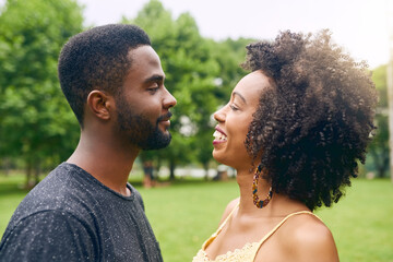 Outdoor, black couple and smile with love for bonding, admiration and connection together in relationship. Park, man and woman with embrace for commitment, dating and trust with happiness in nature